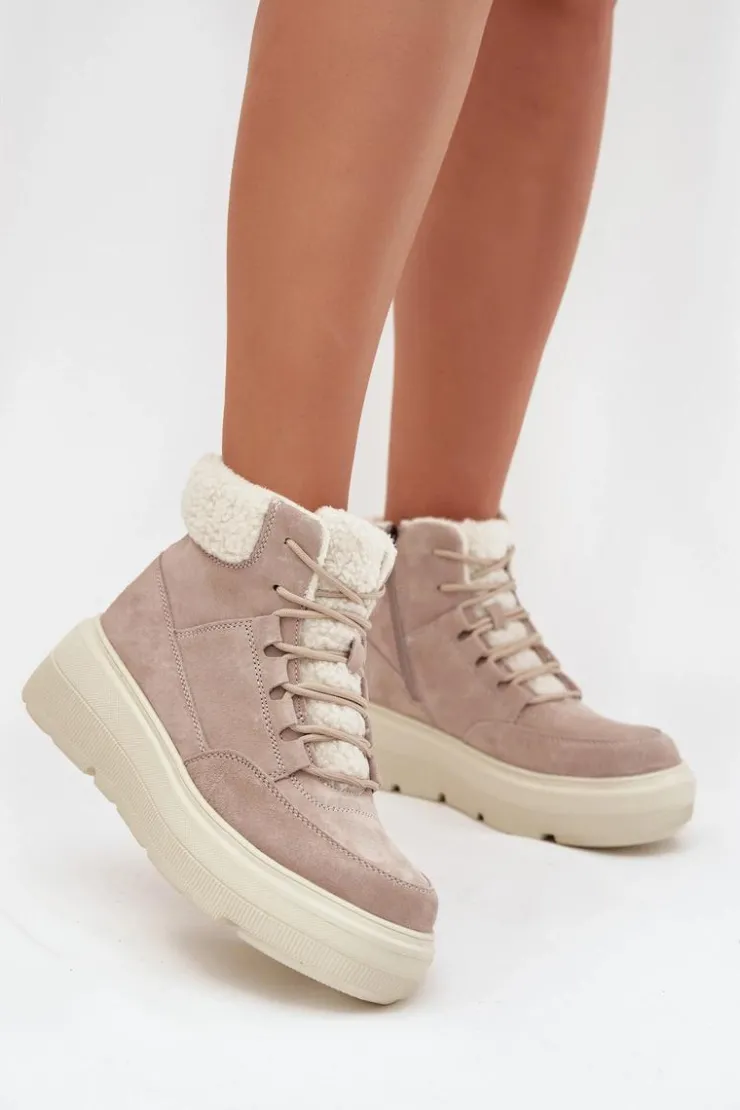 Discount Buty damskie Vinceza Zamszowe Śniegowce Damskie Z Kożuszkiem Na Platformie Vinceza 95354 Beżowe Beżowy