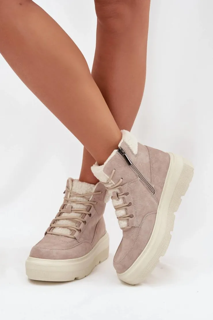 Discount Buty damskie Vinceza Zamszowe Śniegowce Damskie Z Kożuszkiem Na Platformie Vinceza 95354 Beżowe Beżowy