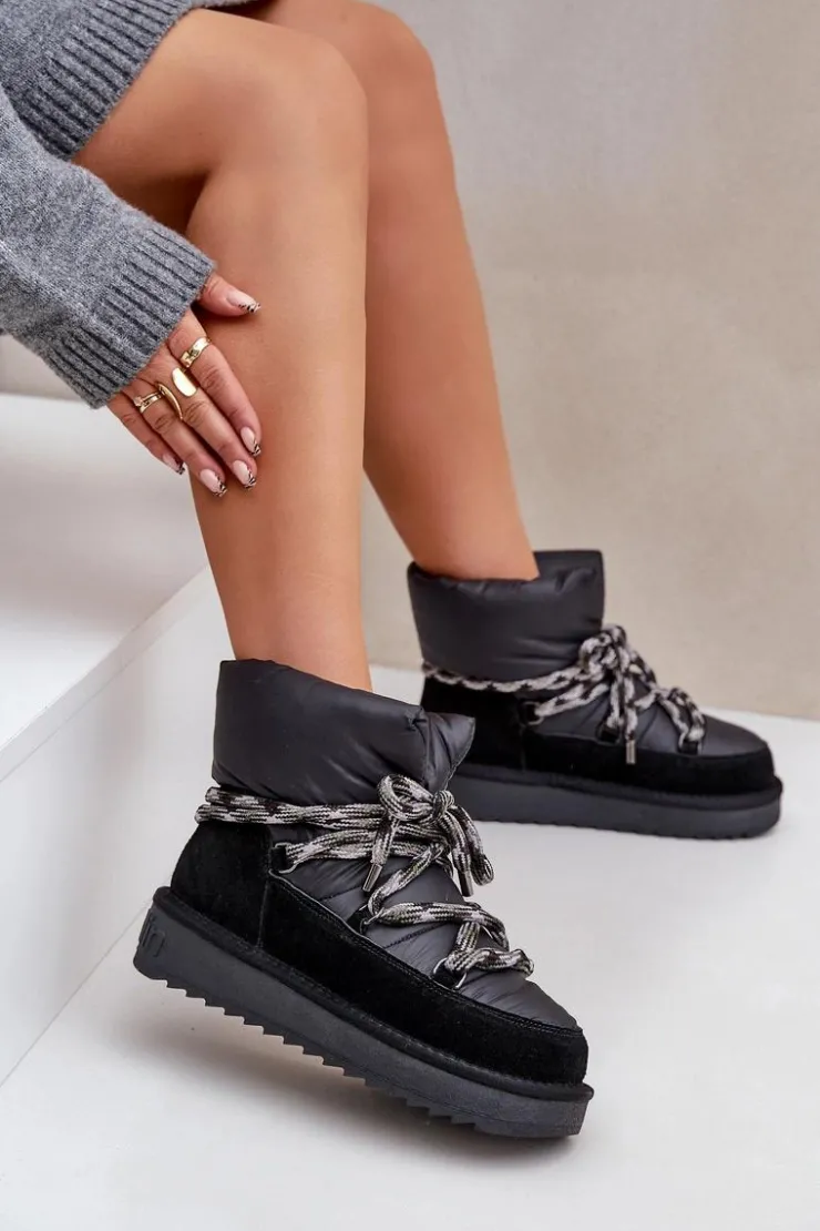 Damskie D.Franklin Zamszowe Śniegowce Damskie Z Grubym Sznurowaniem DFSH375003 Czarne