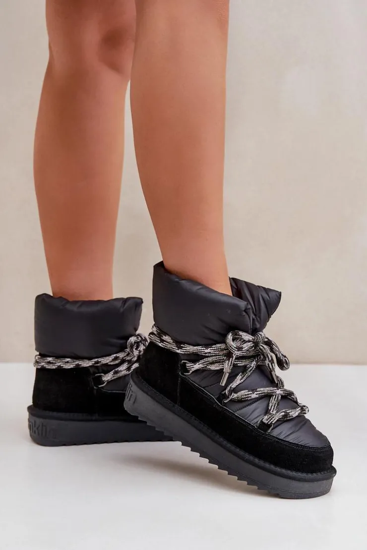 Damskie D.Franklin Zamszowe Śniegowce Damskie Z Grubym Sznurowaniem DFSH375003 Czarne