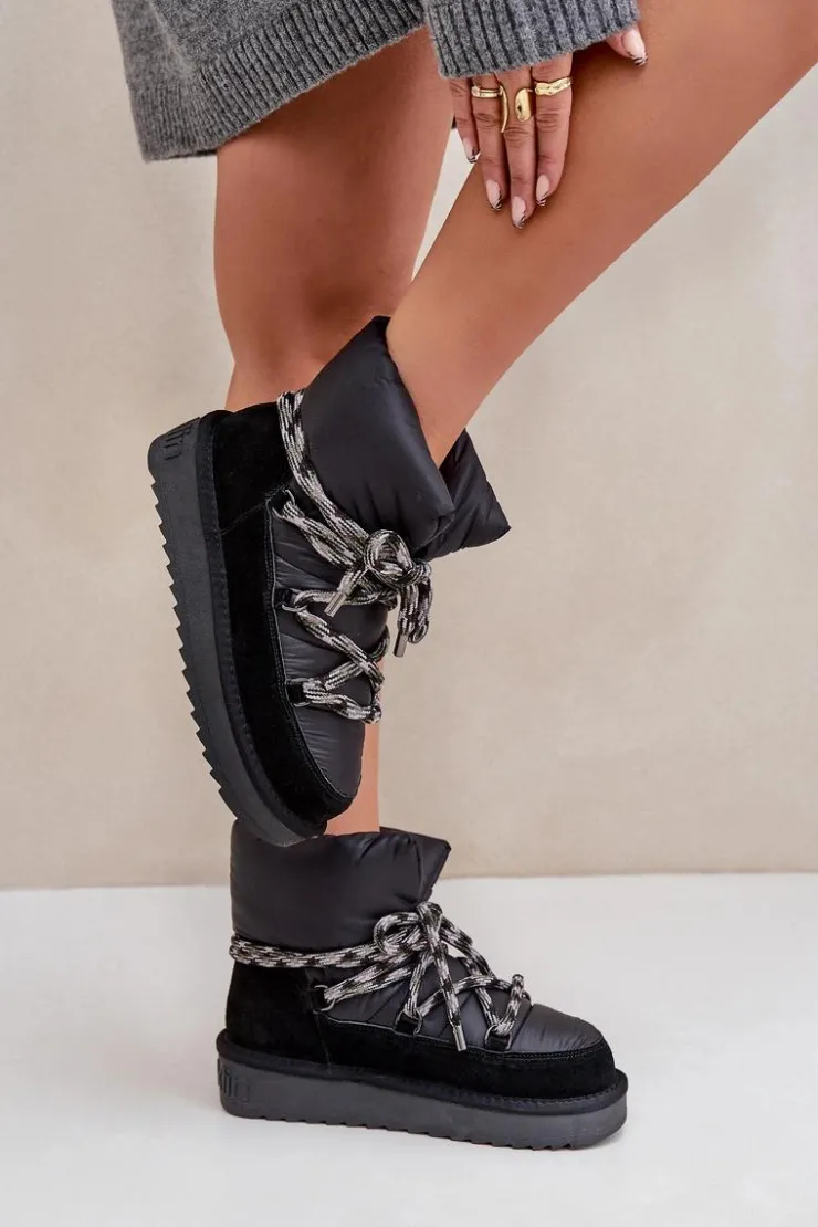 Damskie D.Franklin Zamszowe Śniegowce Damskie Z Grubym Sznurowaniem DFSH375003 Czarne