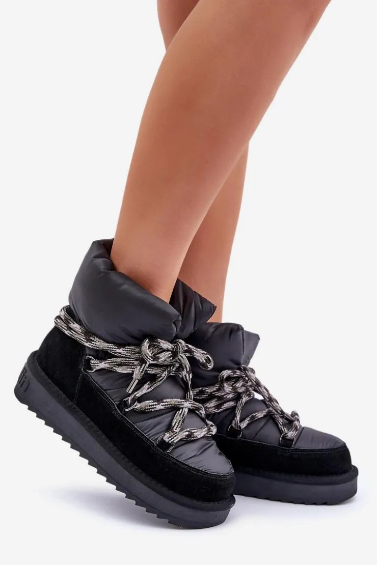 Damskie D.Franklin Zamszowe Śniegowce Damskie Z Grubym Sznurowaniem DFSH375003 Czarne