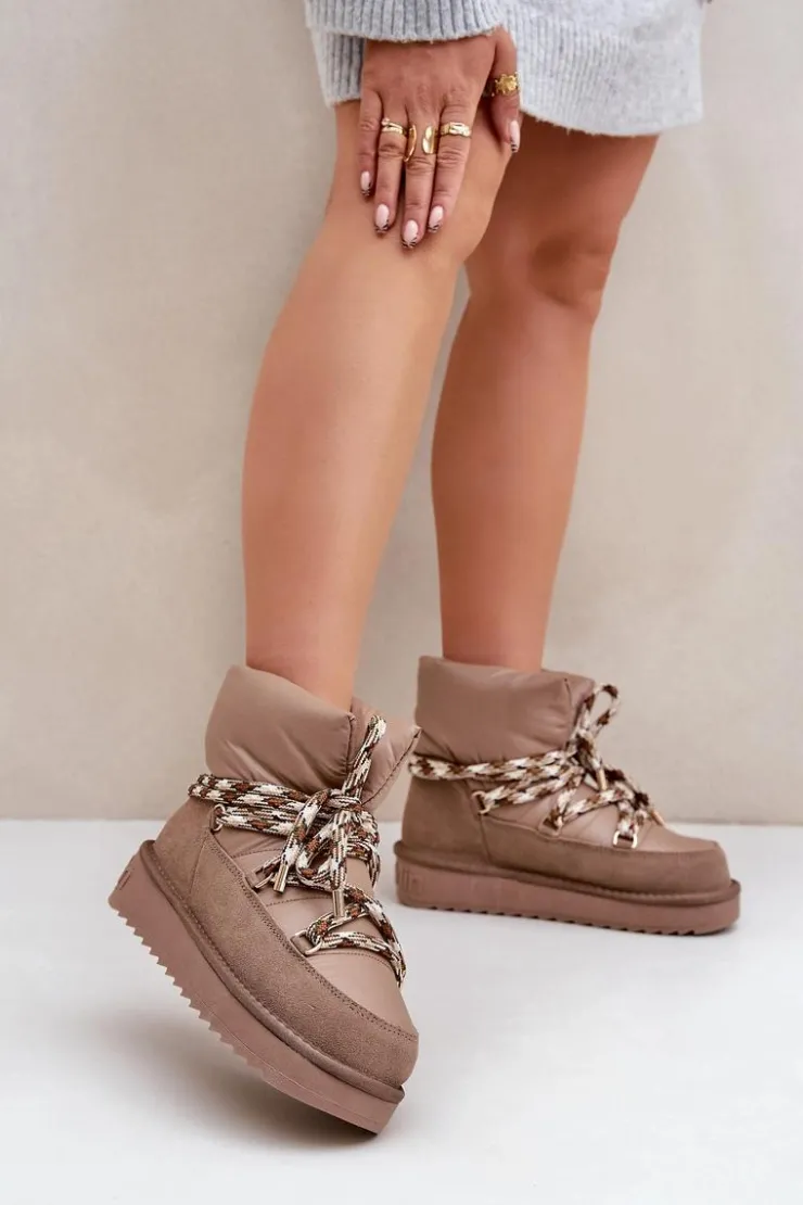 D.Franklin Śniegowce Damskie*Zamszowe Śniegowce Damskie Z Grubym Sznurowaniem DFSH375003 Taupe Beżowy