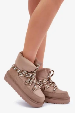 D.Franklin Śniegowce Damskie*Zamszowe Śniegowce Damskie Z Grubym Sznurowaniem DFSH375003 Taupe Beżowy