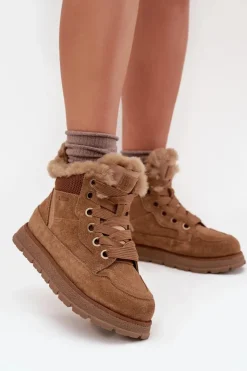 Outlet Big Star Shoes Zamszowe Śniegowce Trapery Damskie Na Platformie Z Futerkiem Big Star SS274370 Camel Brązowy