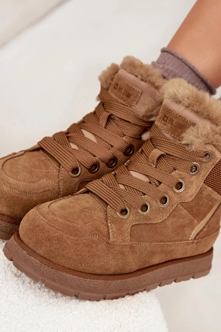 Outlet Big Star Shoes Zamszowe Śniegowce Trapery Damskie Na Platformie Z Futerkiem Big Star SS274370 Camel Brązowy