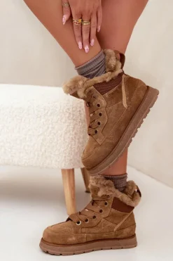 Outlet Big Star Shoes Zamszowe Śniegowce Trapery Damskie Na Platformie Z Futerkiem Big Star SS274370 Camel Brązowy