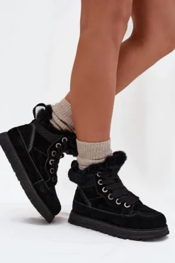 Big Star Shoes Śniegowce Damskie*Zamszowe Śniegowce Trapery Damskie Na Platformie Z Futerkiem Big Star SS274369 Czarne Czarny