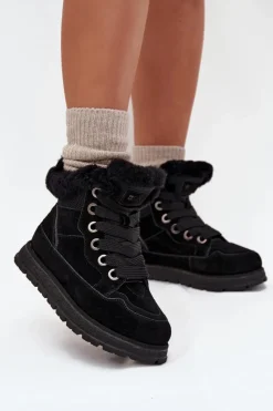 Big Star Shoes Śniegowce Damskie*Zamszowe Śniegowce Trapery Damskie Na Platformie Z Futerkiem Big Star SS274369 Czarne Czarny