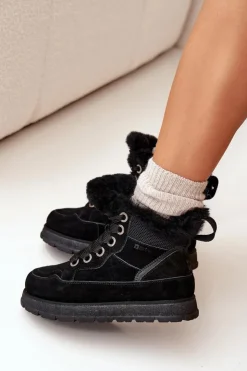 Big Star Shoes Śniegowce Damskie*Zamszowe Śniegowce Trapery Damskie Na Platformie Z Futerkiem Big Star SS274369 Czarne Czarny