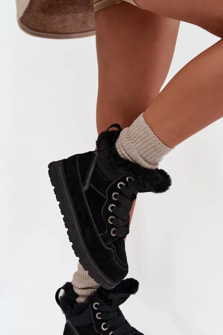 Big Star Shoes Śniegowce Damskie*Zamszowe Śniegowce Trapery Damskie Na Platformie Z Futerkiem Big Star SS274369 Czarne Czarny