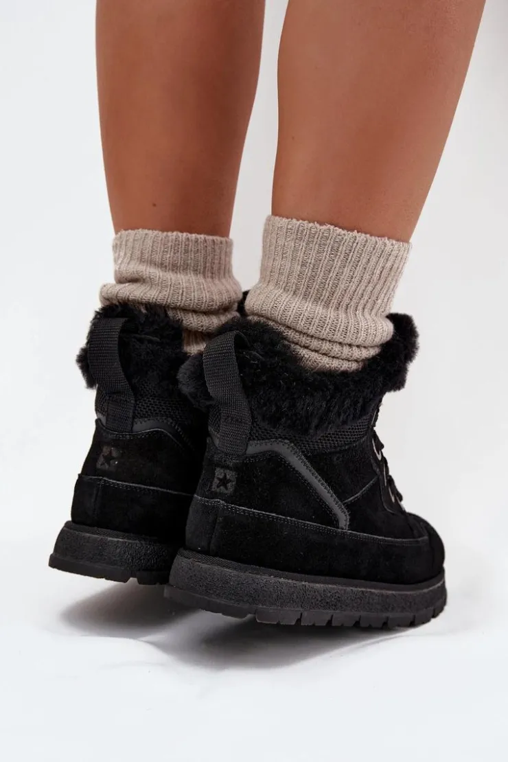Big Star Shoes Śniegowce Damskie*Zamszowe Śniegowce Trapery Damskie Na Platformie Z Futerkiem Big Star SS274369 Czarne Czarny