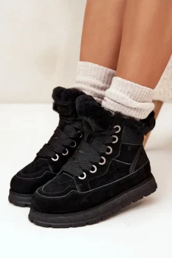 Big Star Shoes Śniegowce Damskie*Zamszowe Śniegowce Trapery Damskie Na Platformie Z Futerkiem Big Star SS274369 Czarne Czarny