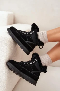 Big Star Shoes Śniegowce Damskie*Zamszowe Śniegowce Trapery Damskie Na Platformie Z Futerkiem Big Star SS274369 Czarne Czarny