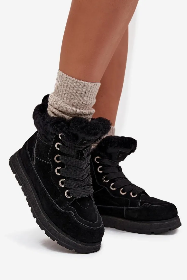 Big Star Shoes Śniegowce Damskie*Zamszowe Śniegowce Trapery Damskie Na Platformie Z Futerkiem Big Star SS274369 Czarne Czarny