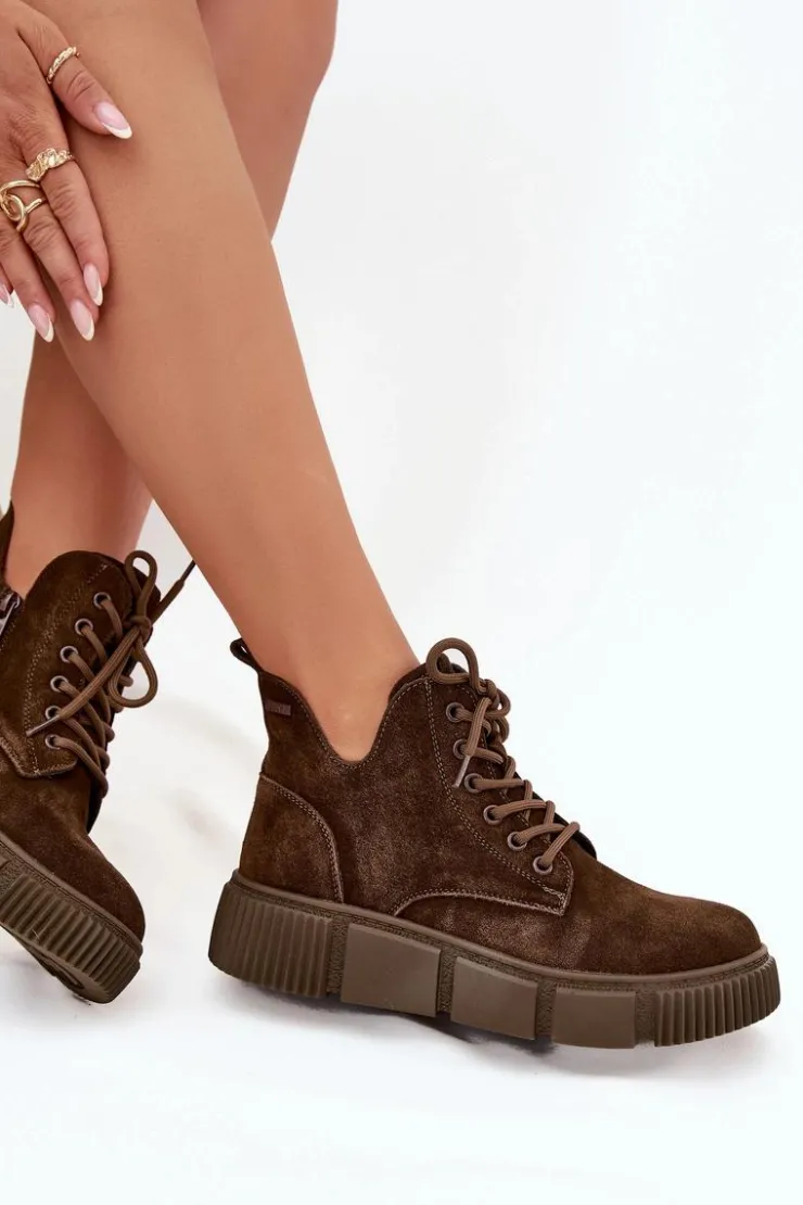 Big Star Shoes Botki Ocieplane|Damskie Trapery*Zamszowe Niskie Botki Damskie Na Platformie Big Star SS274595 Brązowe Brązowy