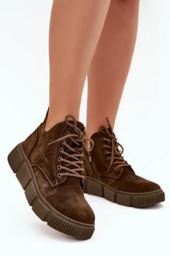 Big Star Shoes Botki Ocieplane|Damskie Trapery*Zamszowe Niskie Botki Damskie Na Platformie Big Star SS274595 Brązowe Brązowy