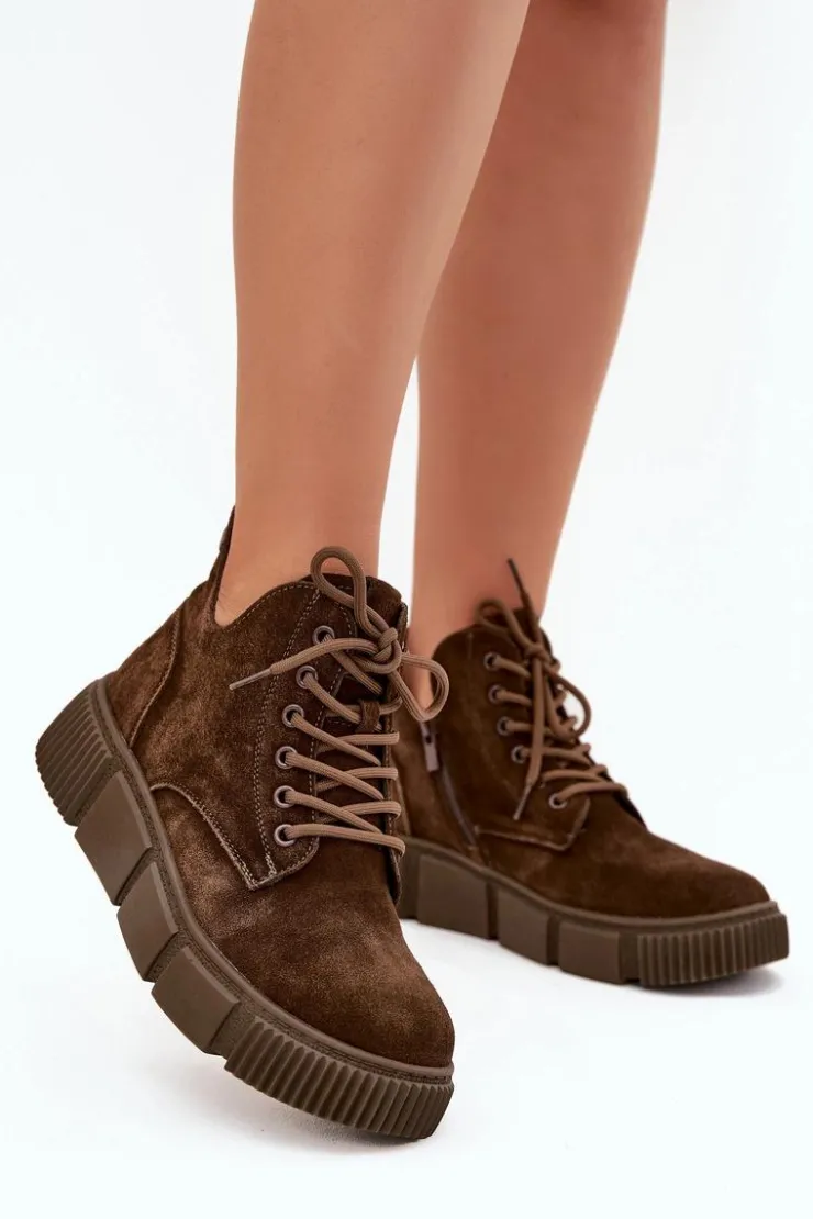 Big Star Shoes Botki Ocieplane|Damskie Trapery*Zamszowe Niskie Botki Damskie Na Platformie Big Star SS274595 Brązowe Brązowy