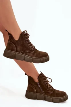 Big Star Shoes Botki Ocieplane|Damskie Trapery*Zamszowe Niskie Botki Damskie Na Platformie Big Star SS274595 Brązowe Brązowy