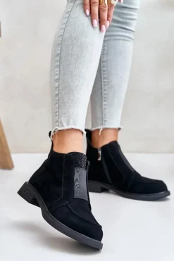 Damskie Damskie buty S.Barski Zamszowe Niskie Botki Na Płaskim Obcasie Ocieplane D&A JC42-23 Czarne