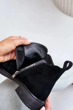 Damskie Damskie buty S.Barski Zamszowe Niskie Botki Na Płaskim Obcasie Ocieplane D&A JC42-23 Czarne