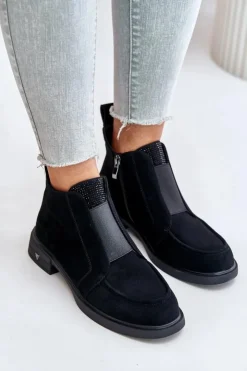 Damskie Damskie buty S.Barski Zamszowe Niskie Botki Na Płaskim Obcasie Ocieplane D&A JC42-23 Czarne