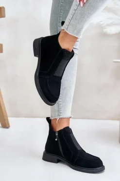 Damskie Damskie buty S.Barski Zamszowe Niskie Botki Na Płaskim Obcasie Ocieplane D&A JC42-23 Czarne