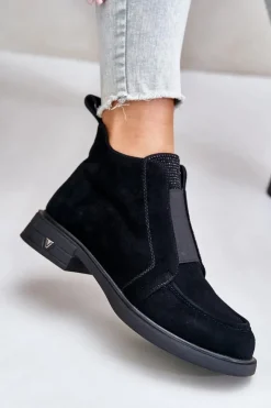 Damskie Damskie buty S.Barski Zamszowe Niskie Botki Na Płaskim Obcasie Ocieplane D&A JC42-23 Czarne