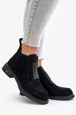 Damskie Damskie buty S.Barski Zamszowe Niskie Botki Na Płaskim Obcasie Ocieplane D&A JC42-23 Czarne