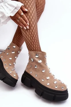 Damskie Damskie buty S.Barski Zamszowe Ocieplane Botki Z Kryształkami D&A MR870-83 Beżowe