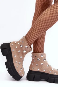 Damskie Damskie buty S.Barski Zamszowe Ocieplane Botki Z Kryształkami D&A MR870-83 Beżowe