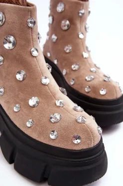 Damskie Damskie buty S.Barski Zamszowe Ocieplane Botki Z Kryształkami D&A MR870-83 Beżowe