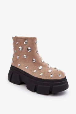 Damskie Damskie buty S.Barski Zamszowe Ocieplane Botki Z Kryształkami D&A MR870-83 Beżowe