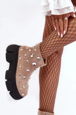 Damskie Damskie buty S.Barski Zamszowe Ocieplane Botki Z Kryształkami D&A MR870-83 Beżowe