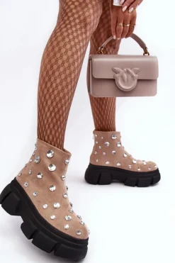 Damskie Damskie buty S.Barski Zamszowe Ocieplane Botki Z Kryształkami D&A MR870-83 Beżowe