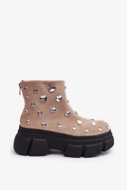 Damskie Damskie buty S.Barski Zamszowe Ocieplane Botki Z Kryształkami D&A MR870-83 Beżowe