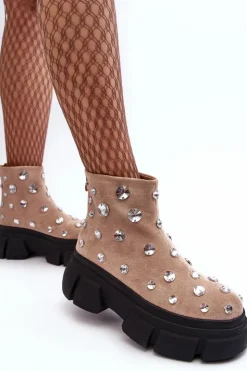 Damskie Damskie buty S.Barski Zamszowe Ocieplane Botki Z Kryształkami D&A MR870-83 Beżowe