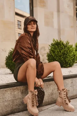 Boto Botki Zimowe Damskie|Brązowe I Beżowe Botki*Zamszowe Ocieplane Botki Workery Na Płaskim Obcasie Beżowe Nacelle