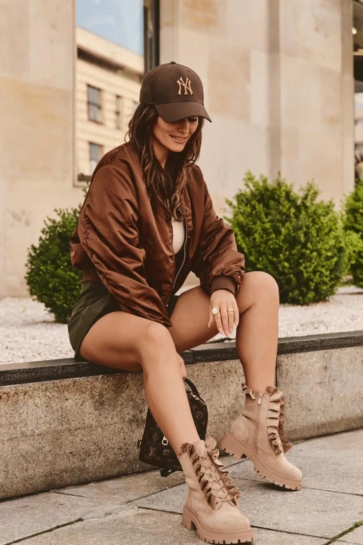 Boto Botki Zimowe Damskie|Brązowe I Beżowe Botki*Zamszowe Ocieplane Botki Workery Na Płaskim Obcasie Beżowe Nacelle