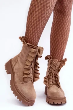 Boto Botki Zimowe Damskie|Brązowe I Beżowe Botki*Zamszowe Ocieplane Botki Workery Na Płaskim Obcasie Beżowe Nacelle