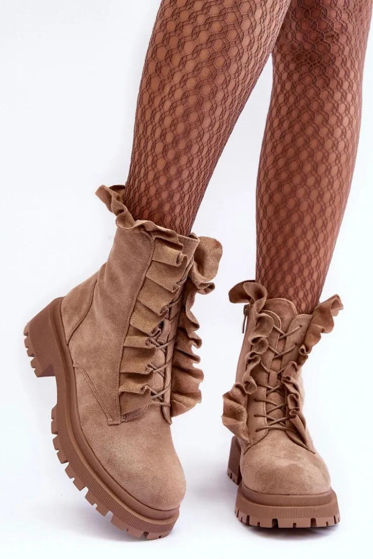 Boto Botki Zimowe Damskie|Brązowe I Beżowe Botki*Zamszowe Ocieplane Botki Workery Na Płaskim Obcasie Beżowe Nacelle