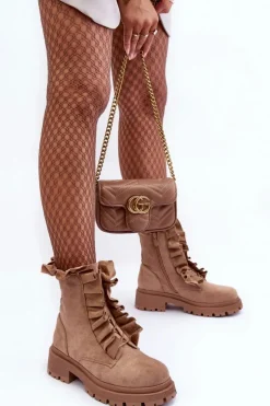 Boto Botki Zimowe Damskie|Brązowe I Beżowe Botki*Zamszowe Ocieplane Botki Workery Na Płaskim Obcasie Beżowe Nacelle