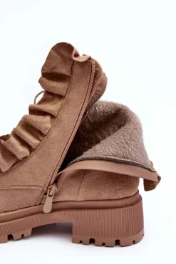 Boto Botki Zimowe Damskie|Brązowe I Beżowe Botki*Zamszowe Ocieplane Botki Workery Na Płaskim Obcasie Beżowe Nacelle