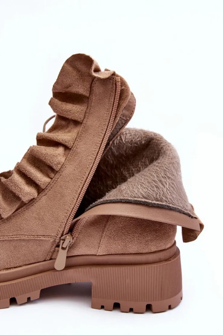 Boto Botki Zimowe Damskie|Brązowe I Beżowe Botki*Zamszowe Ocieplane Botki Workery Na Płaskim Obcasie Beżowe Nacelle