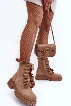 Boto Botki Zimowe Damskie|Brązowe I Beżowe Botki*Zamszowe Ocieplane Botki Workery Na Płaskim Obcasie Beżowe Nacelle