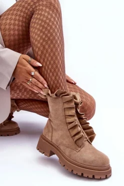 Boto Botki Zimowe Damskie|Brązowe I Beżowe Botki*Zamszowe Ocieplane Botki Workery Na Płaskim Obcasie Beżowe Nacelle