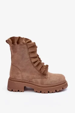 Boto Botki Zimowe Damskie|Brązowe I Beżowe Botki*Zamszowe Ocieplane Botki Workery Na Płaskim Obcasie Beżowe Nacelle