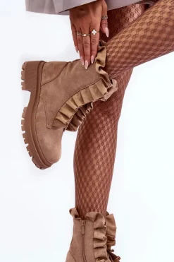 Boto Botki Zimowe Damskie|Brązowe I Beżowe Botki*Zamszowe Ocieplane Botki Workery Na Płaskim Obcasie Beżowe Nacelle