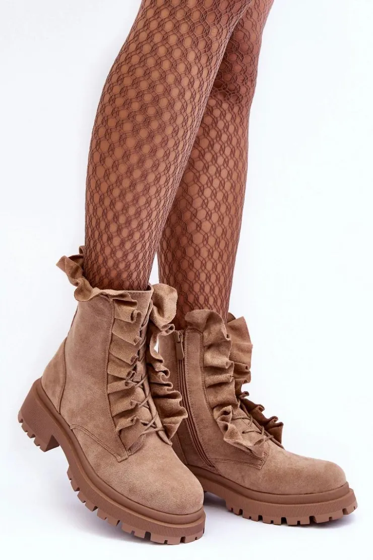 Boto Botki Zimowe Damskie|Brązowe I Beżowe Botki*Zamszowe Ocieplane Botki Workery Na Płaskim Obcasie Beżowe Nacelle