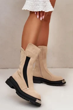 Damskie Boto Zamszowe Ocieplane Botki Na Płaskim Obcasie Jasnobeżowe Palimra